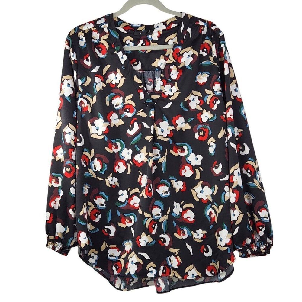Alfani Womens Blouse Sz 2X Black/Red/White Abstract Print Long‎ Sleeve Polyester